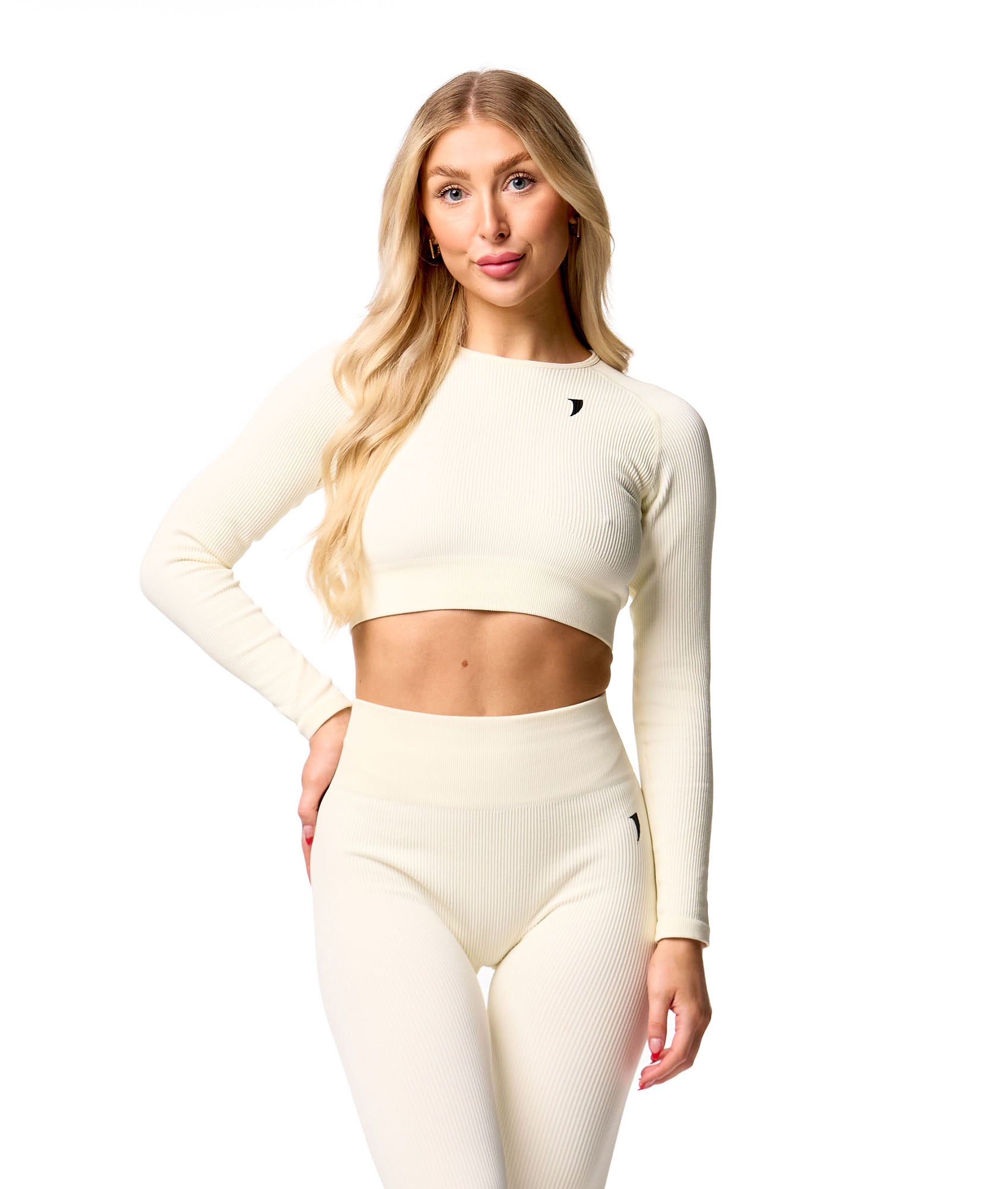 Ribbed Seamless Long Sleeve Top - Oatmeal White - Saber Apparel