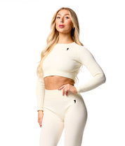 Ribbed Seamless Long Sleeve Top - Oatmeal White - Saber Apparel