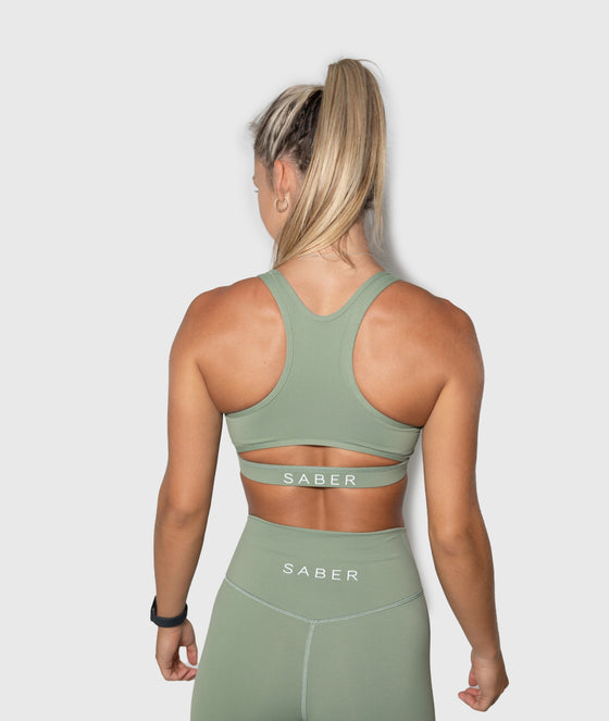 Olive Green Open Back Sports Bra - Saber Apparel