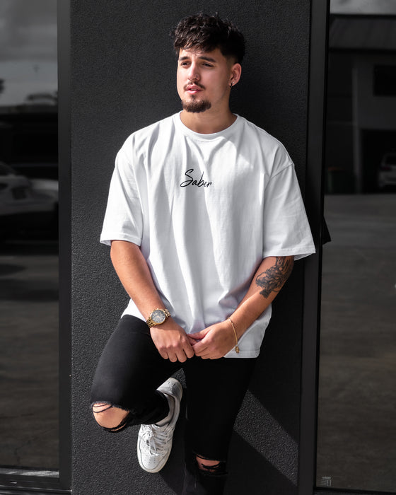 Cursive Oversized Tee - White - Saber Apparel