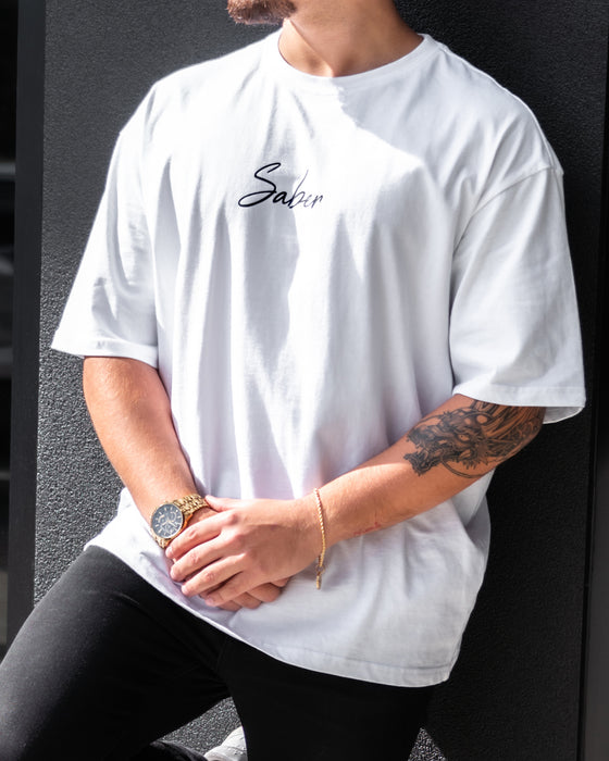 Cursive Oversized Tee - White - Saber Apparel